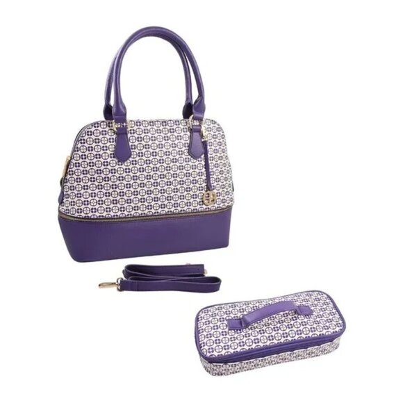 IMAN Global Chic Logo Print Dome Satchel Cosmetic Case Purple Logo - New - Picture 1 of 8